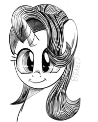 Size: 1200x1500 | Tagged: safe, artist:dsana, derpibooru import, starlight glimmer, pony, unicorn, black and white, bust, cute, glimmerbetes, grayscale, ink drawing, inktober, inktober 2018, monochrome, portrait, simple background, smiling, solo, traditional art, white background