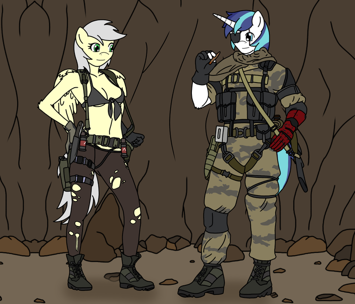 Size: 1169x1000 | Tagged: safe, artist:linedraweer, derpibooru import, shining armor, oc, oc:silverlay (pegasus), anthro, pegasus, anthro oc, armorlay, army, bootle, canon x oc, cave, cigar, cigarette, clothes, commission, eyepatch, female, gun, knife, metal gear, military, military uniform, pants, punished snake, quiet (metal gear), rifle, scar, shirt, solid snake, venom snake, weapon, wings