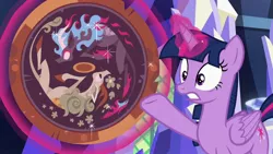 Size: 1280x720 | Tagged: safe, derpibooru import, screencap, twilight sparkle, twilight sparkle (alicorn), alicorn, kirin, nirik, pony, sounds of silence, female, glowing horn, horn, magic, mare, meme origin, shield, telekinesis