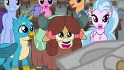 Size: 1280x720 | Tagged: safe, derpibooru import, screencap, gallus, rockhoof, silverstream, yona, pony, a rockhoof and a hard place, background pony, cute, diastreamies, excited, gallabetes, rockhoof's shovel, shovel, yonadorable