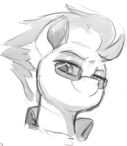 Size: 1206x1387 | Tagged: safe, artist:dimfann, derpibooru import, spitfire, pegasus, pony, bust, grayscale, lidded eyes, looking at you, looking down, looking sideways, monochrome, portrait, simple background, sketch, smiling, solo, sunglasses, white background