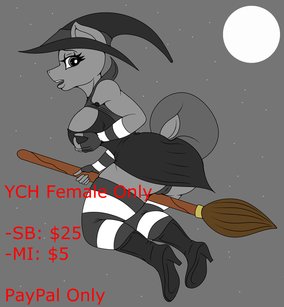 Size: 2500x2700 | Tagged: advertisement, anthro, artist:renegade-157, boots, breast grab, breasts, broom, clothes, commission, derpibooru import, female, females only, flying, flying broomstick, grope, halloween, hat, high heel boots, high heels, holiday, moon, panties, questionable, shoes, socks, striped socks, underwear, witch, witch hat, your character here