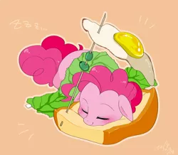 Size: 1720x1500 | Tagged: safe, artist:potetecyu_to, derpibooru import, pinkie pie, earth pony, pony, bread, cute, diapinkes, egg, female, floppy ears, food, fried egg, lettuce, mare, onomatopoeia, ponies in food, sandwich, sleeping, solo, sound effects, zzz