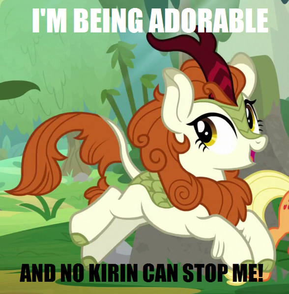 Size: 612x625 | Tagged: and nopony can stop me, autumn blaze, awwtumn blaze, caption, cloven hooves, cropped, cute, derpibooru import, edit, edited screencap, image macro, kirin, meme, safe, screencap, sounds of silence, text, tree