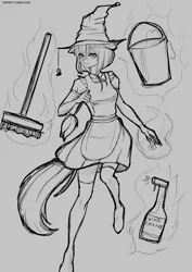 Size: 2894x4093 | Tagged: anthro, artist:wernex, clothes, derpibooru import, female, hat, knee high socks, looking at you, magic, maid, monochrome, safe, socks, spider, stockings, thigh highs, witch, witch hat