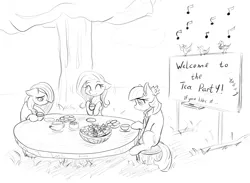 Size: 2353x1718 | Tagged: safe, artist:alcor, derpibooru import, coco pommel, fluttershy, marble pie, bird, earth pony, pegasus, pony, cocobetes, cup, cute, eyes closed, female, flower, food, happy, marblebetes, mare, music notes, outdoors, plate, saucer, sitting, smiling, table, tea party, teacup, teapot, text, the council of shy ponies, tree, trio