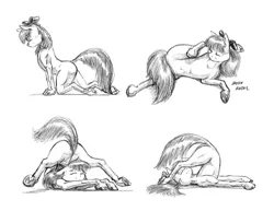 Size: 1400x1083 | Tagged: safe, artist:baron engel, derpibooru import, apple bloom, anthro, earth pony, pony, unguligrade anthro, anthro with ponies, eyes closed, female, flexible, grayscale, monochrome, pencil drawing, simple background, sketch, smiling, solo, stretching, traditional art, white background