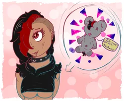 Size: 1033x843 | Tagged: artist:lazerblues, blushing, breasts, collar, derpibooru import, ear piercing, female, lip piercing, nose piercing, oc, oc:bella, offspring, parent:oc:miss eri, piercing, plushie, satyr, solo, suggestive, teddy bear, underboob, undercut, unofficial characters only