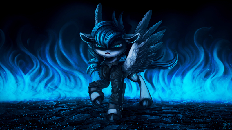 Size: 3840x2160 | Tagged: safe, artist:hagallaz, derpibooru import, oc, oc:sky fang, unofficial characters only, pegasus, pony, 4k, angry, clothes, commission, digital art, female, fire, high res, jacket, mare, solo, spread wings, wings