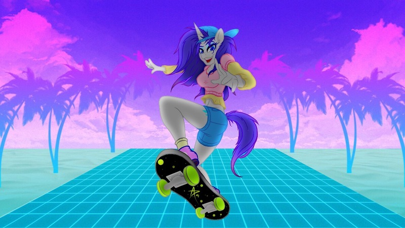 Size: 1191x670 | Tagged: safe, artist:palmartz44, derpibooru import, rarity, anthro, unicorn, aesthetics, alternate hairstyle, disguise, messy mane, plainity, skateboard, vaporwave