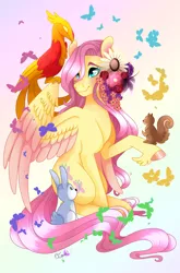 Size: 2435x3684 | Tagged: safe, artist:djspark3, derpibooru import, angel bunny, fluttershy, philomena, butterfly, pegasus, phoenix, pony, rabbit, squirrel, animal, colored hooves, colored wings, colored wingtips, cute, female, flower, flower in hair, gradient background, head turn, looking at something, mare, multicolored wings, one wing out, raised hoof, shyabetes, sitting, sitting on wing, smiling, stray strand, wings