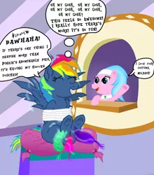 Size: 2282x2593 | Tagged: suggestive, alternate version, artist:darkknighthoof, artist:darktailsko, color edit, derpibooru import, edit, aloe, rainbow dash, earth pony, pegasus, pony, secrets and pies, bondage, colored, commission, erotic tickling, evil pie hater dash, eyes closed, feather, female, females only, femsub, fetish, hoof tickling, mare, pillow, rope, rope bondage, spa, speech bubble, spread wings, submissive, thought bubble, tickle fetish, tickle torture, tickling, tied up, underhoof, wingboner, wings