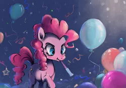 Size: 3253x2289 | Tagged: safe, artist:cookiedesu, derpibooru import, pinkie pie, earth pony, pony, balloon, female, mare, noisemaker, party, ponk, solo, streamers