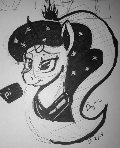 Size: 870x1072 | Tagged: safe, artist:post-it, derpibooru import, princess luna, alicorn, pony, bust, female, ink drawing, inktober, jewelry, lidded eyes, mare, monochrome, peytral, regalia, simple background, sketch, smiling, solo, traditional art, white background