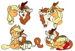 Size: 4977x3410 | Tagged: safe, artist:chub-wub, derpibooru import, applejack, autumn blaze, ponified, earth pony, kirin, pony, unicorn, sounds of silence, spoiler:s08, absurd resolution, accessory swap, applejack's hat, applekirin, autumnjack, awwtumn blaze, cloven hooves, cowboy hat, cute, duo, female, hat, jackabetes, kirinified, lesbian, mare, pillow, quadrupedal, role reversal, shipping, simple background, sleeping, snuggling, species swap, white background