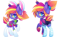 Size: 1200x750 | Tagged: safe, artist:zombie, derpibooru import, oc, oc:stellar sundown, unofficial characters only, bat pony, pony, bat pony oc, bat wings, bedroom eyes, bunny ears, clothes, compression shorts, cute, female, looking at you, looking back, looking back at you, mare, ponytail, shorts, simple background, smiling, socks, striped socks, thigh highs, transparent background, wings