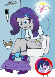 Size: 528x739 | Tagged: artist needed, suggestive, derpibooru import, rarity, sci-twi, twilight sparkle, equestria girls, but why, clothes, female, glory hole, implied diarrhea, implied pooping, laxative, no toilet paper, panties, panties pulled down, potty, potty time, prank, straining, toilet, toilet paper roll, underwear