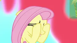 Size: 1280x720 | Tagged: safe, derpibooru import, screencap, fluttershy, pegasus, pony, sounds of silence, covering eyes, eyes closed, female, fire, floppy ears, mare, scared, solo