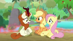 Size: 1280x720 | Tagged: safe, derpibooru import, screencap, applejack, autumn blaze, fluttershy, earth pony, kirin, pegasus, pony, sounds of silence, spoiler:s08, cloven hooves, cowboy hat, female, fire, hat, mare, trio