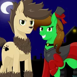 Size: 1181x1181 | Tagged: artist:dyonys, clothes, costume, derpibooru import, female, male, mare, moon, nightmare night, oc, oc:lucky brush, oc:night chaser, safe, scar, stallion, unofficial characters only