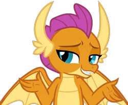 Size: 4323x3552 | Tagged: artist:frownfactory, derpibooru import, dragon, dragoness, female, horns, safe, shrug, simple background, smiling, smolder, solo, svg, .svg available, transparent background, vector, what lies beneath, wings