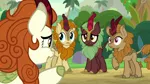 Size: 1280x720 | Tagged: autumn afternoon, autumn blaze, background kirin, cinder glow, cloven hooves, derpibooru import, female, fern flare, kirin, male, raised hoof, safe, screencap, sounds of silence, summer flare, winter flame