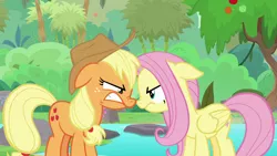 Size: 1280x720 | Tagged: safe, derpibooru import, screencap, applejack, fluttershy, earth pony, pegasus, pony, sounds of silence, angry, duo, female, mare, nose to nose, nose wrinkle