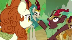 Size: 1280x720 | Tagged: autumn blaze, background kirin, cinder glow, cloven hooves, derpibooru import, female, fern flare, kirin, open mouth, rain shine, safe, screencap, sounds of silence, spoiler:s08, summer flare