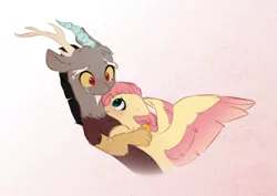 Size: 1479x1047 | Tagged: safe, artist:little-sketches, derpibooru import, discord, fluttershy, draconequus, pegasus, pony, colored wings, crying, cute, discoshy, discute, female, hug, looking at each other, male, mare, shipping, smiling, spread wings, straight, teary eyes, two toned wings, wings