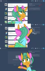 Size: 1280x1983 | Tagged: safe, artist:kryptchild, derpibooru import, snails, pony, unicorn, ask glitter shell, alternate hairstyle, ask, bow, clothes, comic, dress, glitter shell, hair bow, inbox, solo, tumblr