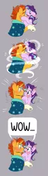 Size: 1600x5838 | Tagged: safe, artist:dragonfoxgirl, derpibooru import, starlight glimmer, sunburst, blushing, blushing profusely, comic, deviantart watermark, eyes closed, female, gray background, horn, horns are touching, kissing, male, obtrusive watermark, shipping, simple background, starburst, straight, watermark, wow