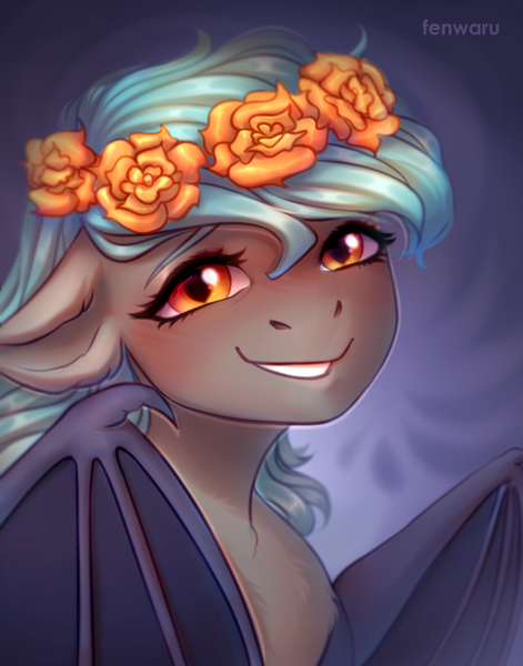 Size: 1100x1400 | Tagged: safe, artist:fenwaru, derpibooru import, oc, oc:moon bloom, unofficial characters only, bat pony, pony, bat pony oc, bat wings, blushing, commission, female, floral head wreath, flower, flower in hair, looking at you, mare, smiling, solo, wings, ych result