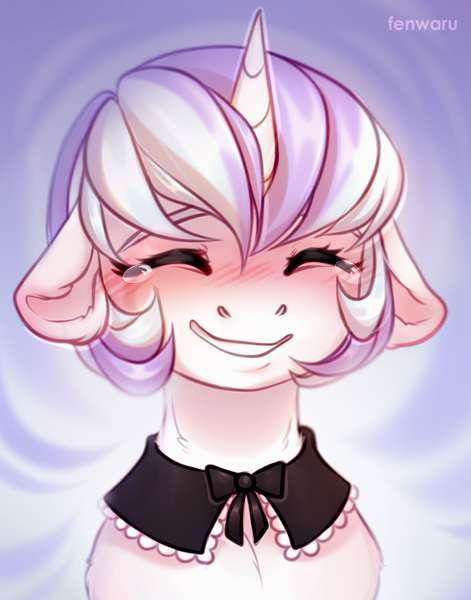 Size: 1100x1400 | Tagged: safe, artist:fenwaru, derpibooru import, oc, oc:eleonor, unofficial characters only, pony, unicorn, blushing, clothes, commission, eyes closed, female, floppy ears, maid, mare, smiling, solo, ych result