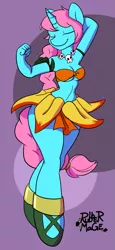 Size: 959x2082 | Tagged: safe, artist:rubbermage, derpibooru import, oc, oc:lulu pouf, anthro, unicorn, anthro oc, armpits, braided ponytail, braided tail, clothes, costume, dancing, female, jungle de ikou!, mii, skull, solo