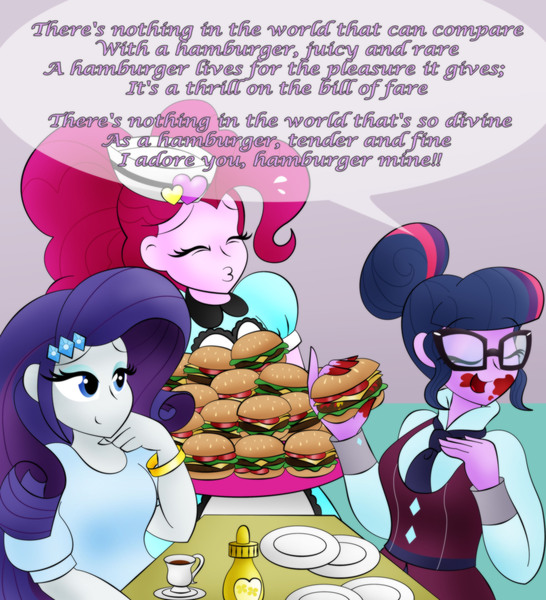 Size: 3069x3374 | Tagged: safe, artist:poseidonathenea, derpibooru import, pinkie pie, rarity, sci-twi, twilight sparkle, equestria girls, burger, clothes, crystal prep academy uniform, food, hamburger, ketchup, messy eating, mustard, popeye, sauce, school uniform, server pinkie pie, singing, that human sure does love burgers, twilight burgkle, waitress, wimpy