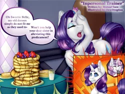 Size: 3000x2250 | Tagged: artist:dewdropinn, blowing, blowing whistle, coach, comic, derpibooru import, dialogue, fetish, food, imminent vore, pancakes, rarity, series:inpersonal trainer, suggestive, sweetie belle, whistle, whistle necklace