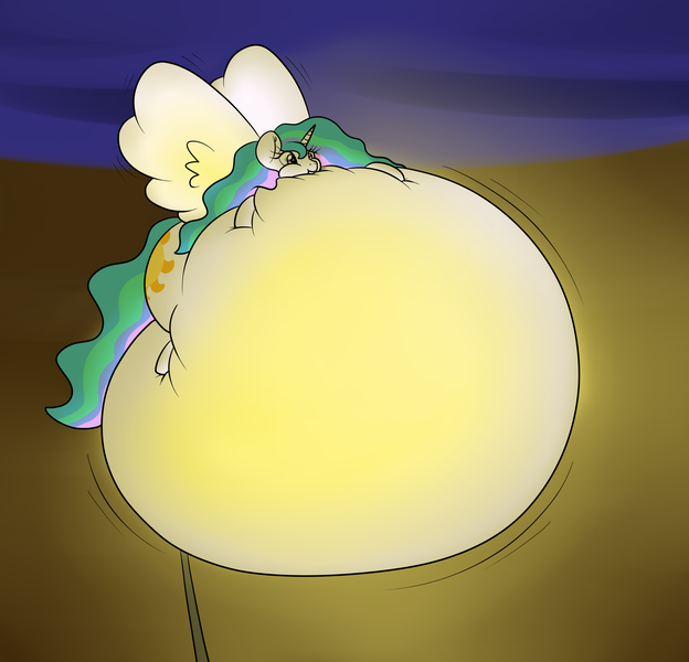 Size: 2333x2243 | Tagged: source needed, questionable, artist:the-furry-railfan, derpibooru import, princess celestia, alicorn, pony, air inflation, belly, big belly, female, floating, floating away, glow, high res, hose, huge belly, implied anal insertion, implied insertion, impossibly large belly, inflated ears, inflated wings, inflation, missing accessory, puffy cheeks, solo, wings