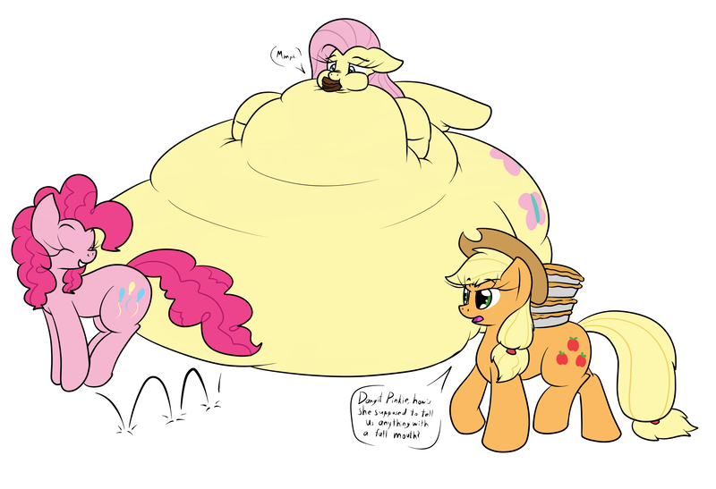 Size: 2730x1866 | Tagged: source needed, questionable, artist:the-furry-railfan, derpibooru import, applejack, fluttershy, pinkie pie, earth pony, pegasus, pony, belly, big belly, bingo wings, chubby cheeks, dialogue, eyes closed, fat, fattershy, feedee, feedeeshy, feeder, feeder pinkie, feederjack, feeding, female, females only, food, high res, huge belly, immobile, impossibly large belly, morbidly obese, muffled words, obese, pie, pronking, simple background, squishy, stuffed, stuffing, trio, white background