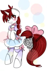 Size: 1000x1500 | Tagged: safe, artist:scarlet heart, derpibooru import, oc, oc:miss final verse, pony, unicorn, bow, clothes, cute, dress, dressup, embarrassed, female, frilly dress, girly, hair bow, mare, red hair