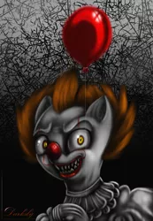 Size: 3954x5702 | Tagged: semi-grimdark, artist:darksly, derpibooru import, ponified, pony, balloon, clown, crossover, it, male, pennywise, sharp teeth, solo, stephen king, teeth