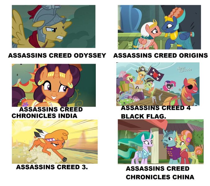 Size: 949x841 | Tagged: apple bloom, applejack, assassin's creed, big macintosh, campfire tales, comparison chart, daring done?, derpibooru import, edit, edited screencap, flash magnus, granny smith, little strongheart, mistmane, over a barrel, pinkie apple pie, pinkie pie, prince hisan, safe, saffron masala, screencap, somnambula, spice up your life