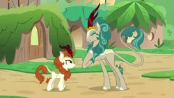 Size: 1280x720 | Tagged: autumn blaze, cloven hooves, derpibooru import, duo, eyes closed, female, kirin, rain shine, raised tail, safe, screencap, size difference, sounds of silence, spoiler:s08, tail