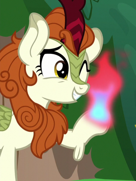 Size: 540x718 | Tagged: autumn blaze, cropped, derpibooru import, fire, kirin, one eye closed, safe, screencap, solo, sounds of silence, spoiler:s08, wink