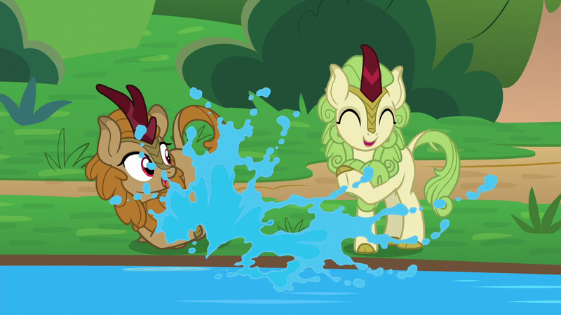 Size: 1280x720 | Tagged: background kirin, cloven hooves, derpibooru import, duo, eyes closed, female, fern flare, kirin, safe, screencap, sounds of silence, splash, spring glow, water