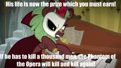 Size: 1280x720 | Tagged: cape, caption, cinder glow, clothes, cloven hooves, derpibooru import, edit, edited screencap, female, image macro, kirin, lyrics, mask, meme, musical instrument, organ, phantom of the opera, quote, safe, screencap, song reference, sounds of silence, stairs, summer flare, text