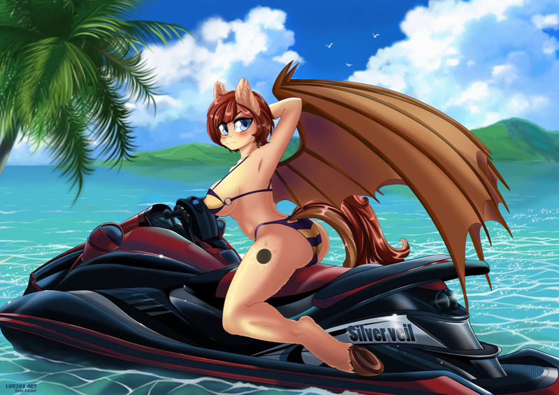 Size: 1200x848 | Tagged: questionable, artist:lifejoyart, derpibooru import, oc, oc:silver veil, unofficial characters only, anthro, bat pony, unguligrade anthro, anthro oc, armpits, ass, bat pony oc, bat wings, big breasts, bikini, breasts, butt, cameltoe, clothes, commission, erect nipples, female, jet ski, mare, sideboob, solo, solo female, swimsuit, unshorn fetlocks, water, wings