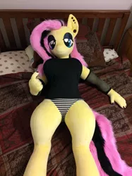 Size: 1591x2122 | Tagged: suggestive, artist:qtpony, derpibooru import, fluttershy, anthro, bat pony, anthro plushie, bed, big breasts, breasts, busty fluttershy, clothes, come hither, eyeshadow, female, flutterbat, fluttergoth, goth, gothic, hand, irl, life size, makeup, panties, photo, piercing, plushie, race swap, solo, striped underwear, underwear