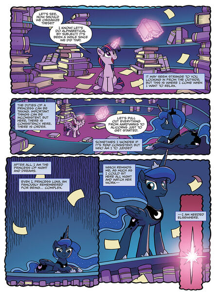 Size: 768x1024 | Tagged: safe, artist:tonyfleecs, derpibooru import, idw, princess luna, twilight sparkle, twilight sparkle (alicorn), alicorn, pony, nightmare knights, spoiler:comic, spoiler:comicnightmareknights01, book, bookshelf, dream, dream walker luna, ethereal mane, female, library, magic, mare, preview, starry mane, telekinesis, that pony sure does love organization