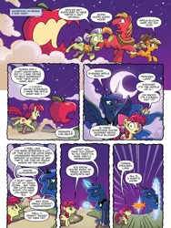 Size: 768x1024 | Tagged: safe, artist:tonyfleecs, derpibooru import, idw, apple bloom, applejack, big macintosh, granny smith, princess luna, alicorn, earth pony, pony, nightmare knights, spoiler:comic, spoiler:comicnightmareknights01, apple, apple family, bad dream, comic, crescent moon, dream walker luna, female, filly, foal, food, giant apple, male, mare, moon, night, official comic, preview, stallion