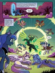 Size: 768x1024 | Tagged: safe, artist:tonyfleecs, derpibooru import, idw, daybreaker, flash magnus, meadowbrook, nightmare moon, pony of shadows, princess luna, somnambula, stygian, alicorn, earth pony, pegasus, pony, unicorn, nightmare knights, spoiler:comic, spoiler:comicnightmareknights01, comic, dream, dream walker luna, ethereal mane, female, male, mare, official comic, preview, s1 luna, spread wings, stallion, starry mane, wings